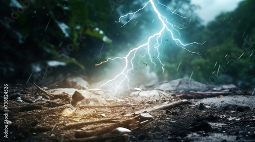 Extremely close-up view of a bright lightning strike in a thunderstorm onto ground at night.