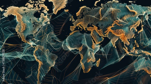 the world map intertwined networks, dark cyan and orange
