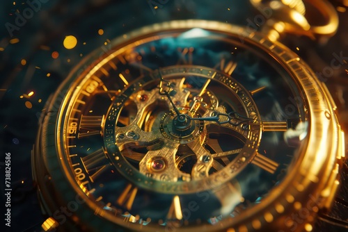 gold pocket watch with kinetic lines and lights, in the style of bokeh panorama