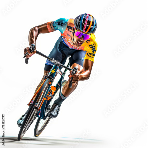 Сyclist in bright uniform at full speed during a competitive race photo