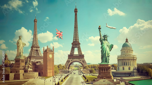 World landmarks travel illustration - Eiffel tower, Big Ben, Liberty statue, USA, Europe, France, UK London