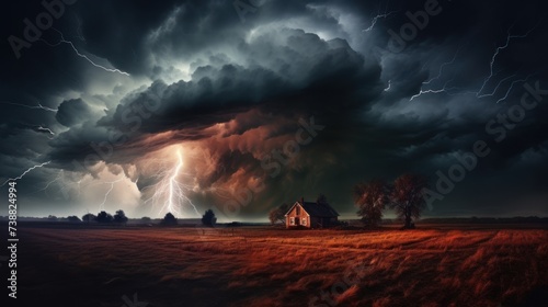 Farm land with bright lightning strike in a thunderstorm at night. © Joyce