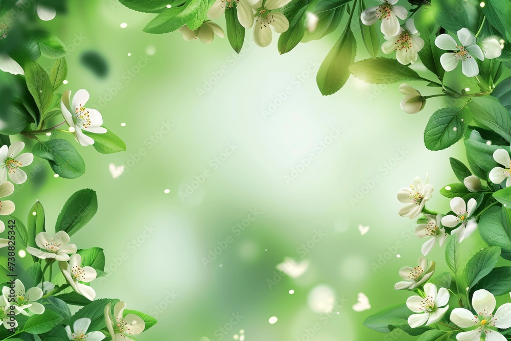 a green background with white flowers and leaves a green background with white flowers and leaves