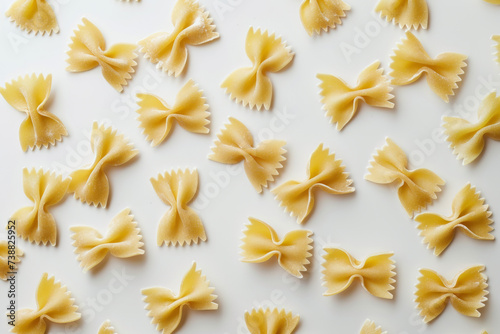 Scattered farfalle pasta on a white background creating a pattern