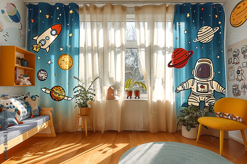 Fototapeta premium Design children's room curtains in the style of astronauts and a cosmic comic style theme