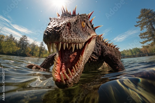 Close-up view of a Baryonyx dinosaur in water in prehistoric environment. Photorealistic. photo