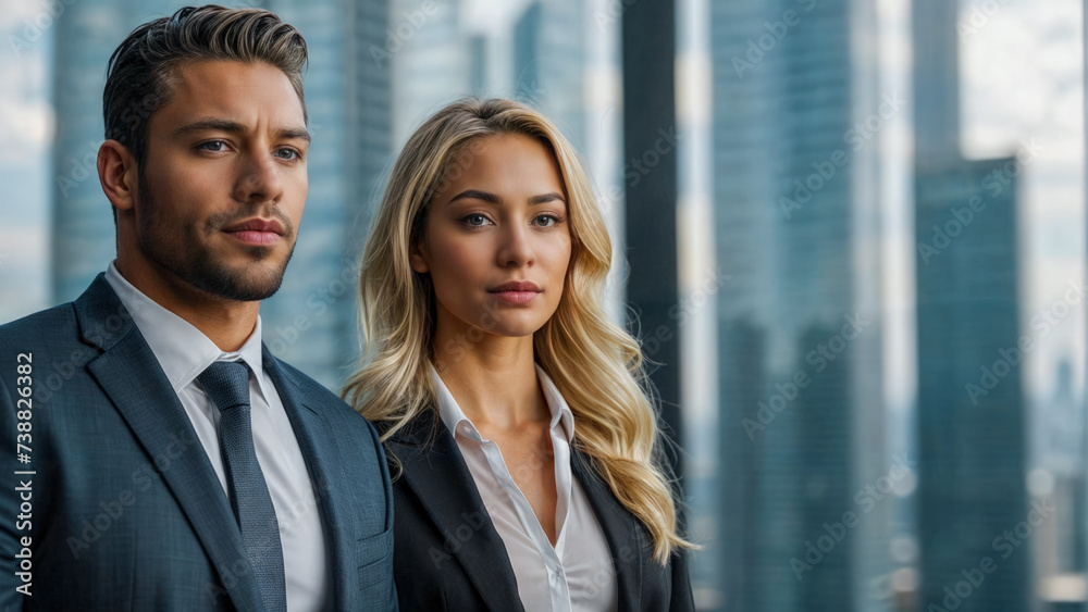 Portrait of a successful lawyers team, man and woman, in big glass windows office. Portrait of a successful lawyers team, man and woman, in big glass windows office.
