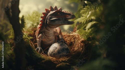 Dinosaur in nestle in forest in prehistoric environment. Photorealistic. © Joyce