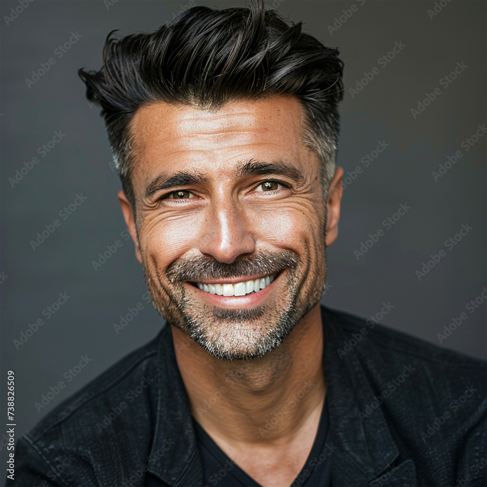 Headshot of a man smiling. Dental, Hair studio, business ad. Black isolated background Headshot of a man smiling. Dental, Hair studio, business ad. Black isolated background