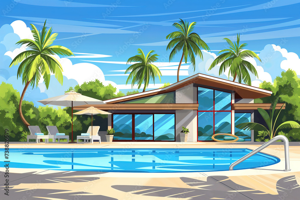Luxury villa with a swimming pool in a tropical country, on a beautiful sunny day, picturesque scenic Luxury villa with a swimming pool in a tropical country, on a beautiful sunny day, picturesque scenic