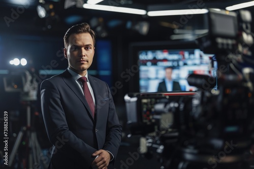 A male TV news anchor in a studio. AI generative photo