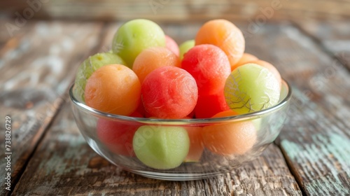 A glass bowl filled with assorted melon balls including watermelon  cantaloupe  and honeydew on a marble background  ideal for food  health  or summer topics.