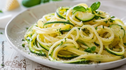 Spaghetti with pesto and basil on a ceramic plate, perfect for Italian cuisine and healthy eating themes.