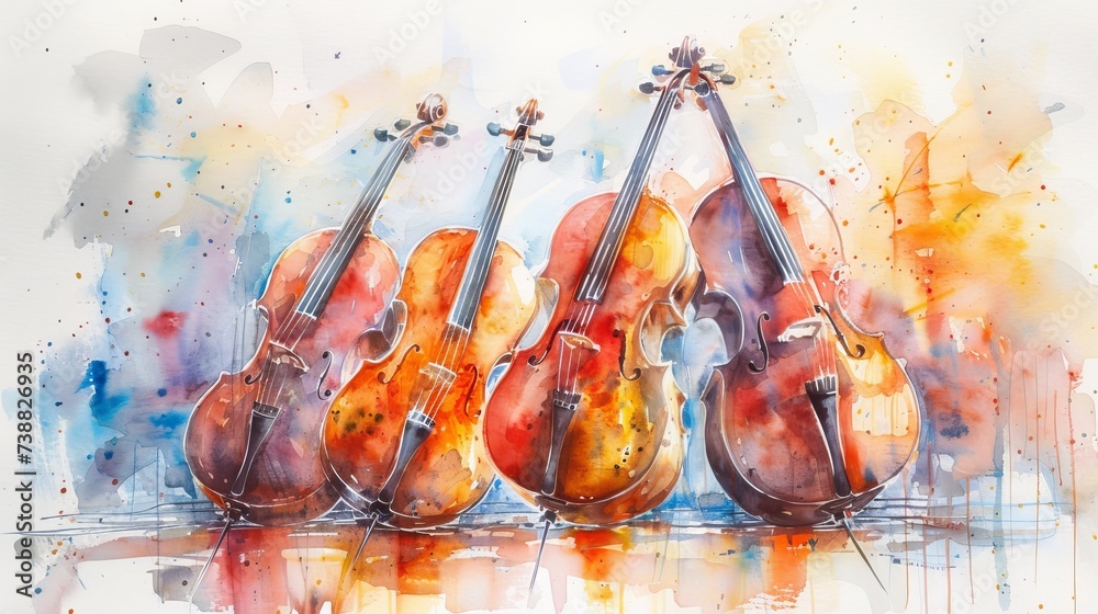 Stringed instruments in watercolor musics graceful form - obrazy, fototapety, plakaty 