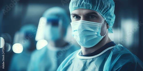 Surgeon in Personal Protective Equipment (PPE) in a Sterile Operating Room. Concept Healthcare, Surgery, Operating Room, Personal Protective Equipment, Sterile Environment