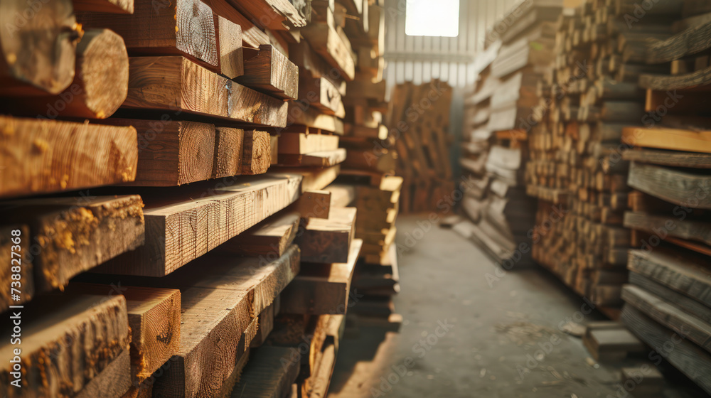 Stacked wooden beams in the warehouse Stacked wooden beams in the warehouse