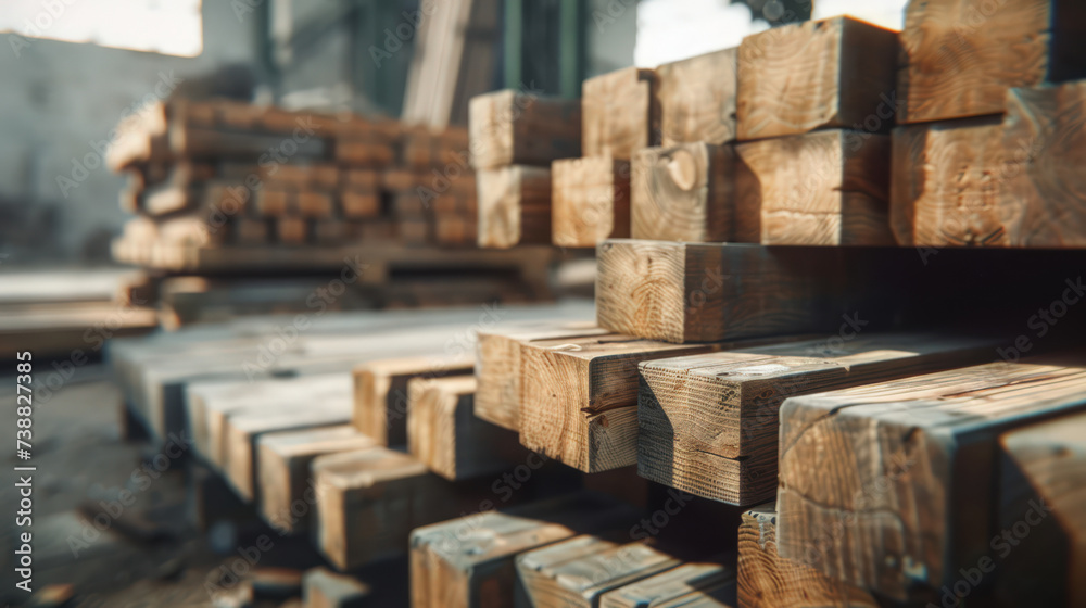 Stacked wooden beams in the warehouse Stacked wooden beams in the warehouse