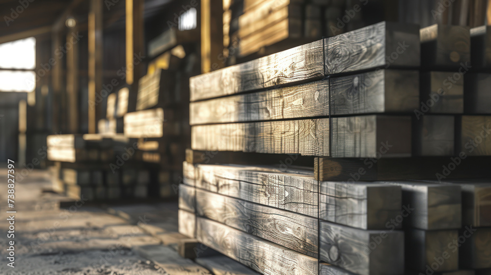 Stacked wooden beams in the warehouse Stacked wooden beams in the warehouse