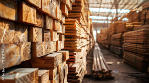 Stacked wooden beams in the warehouse photo