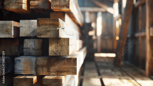 Stacked wooden beams in the warehouse photo
