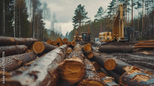 Stacks of freshly cut logs display the raw materials of the timber industry