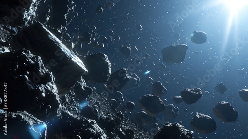 Fototapeta Naklejka Na Ścianę i Meble -  Close-up view of asteroid floating in space in large quantity.