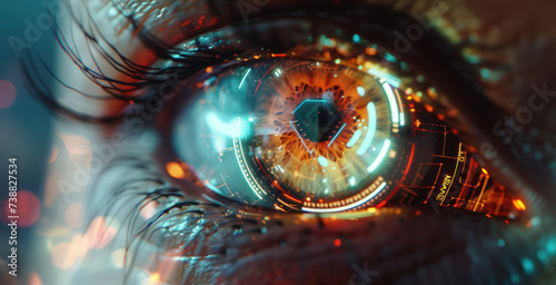Close-up of a human eye with futuristic cybernetic implants. © EmmaStock