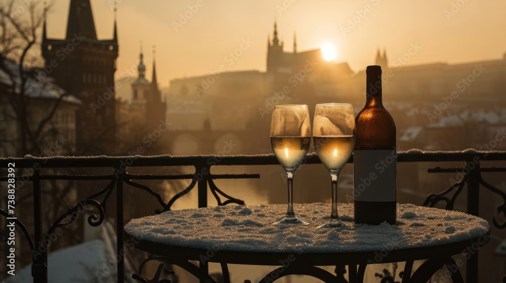 Wine on table with beautiful historical buildings at sunrise in winter in Prague city in Czech Republic in Europe.
