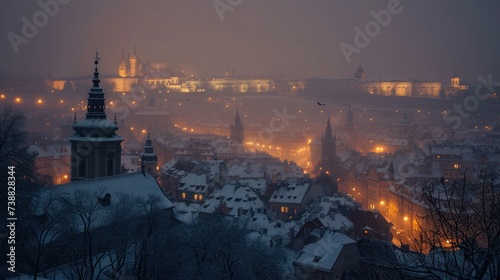 Beautiful historical buildings in winter with snow and fog in Prague city in Czech Republic in Europe.