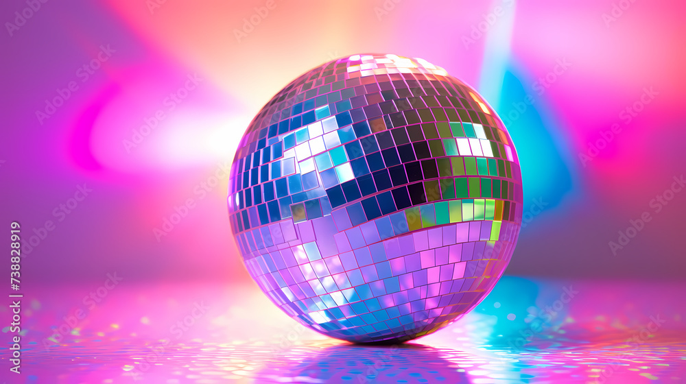Obraz premium Disco ball illustration, disco ball with rainbow colored light reflections