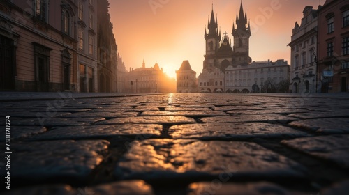 Low angle view of street with historical buildings in Prague city in Czech Republic in Europe.