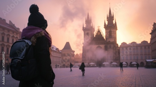 Back view of a girl in Old Town Square with historic buildings in the city of Prague, Czech Republic in Europe.