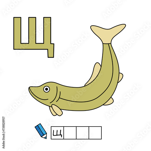 Cartoon pike illustration. Learning game for small children - write a word in Russian language. Vector alphabet for kids