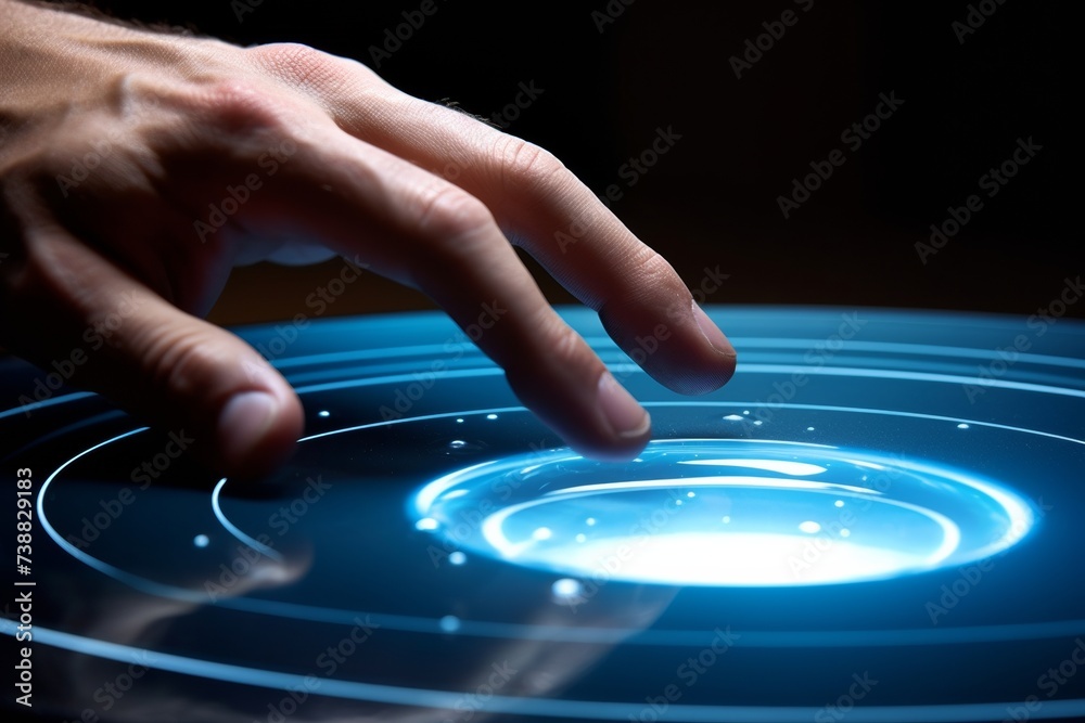 Businessman hand pressing a digital smart button on a screen during a ...
