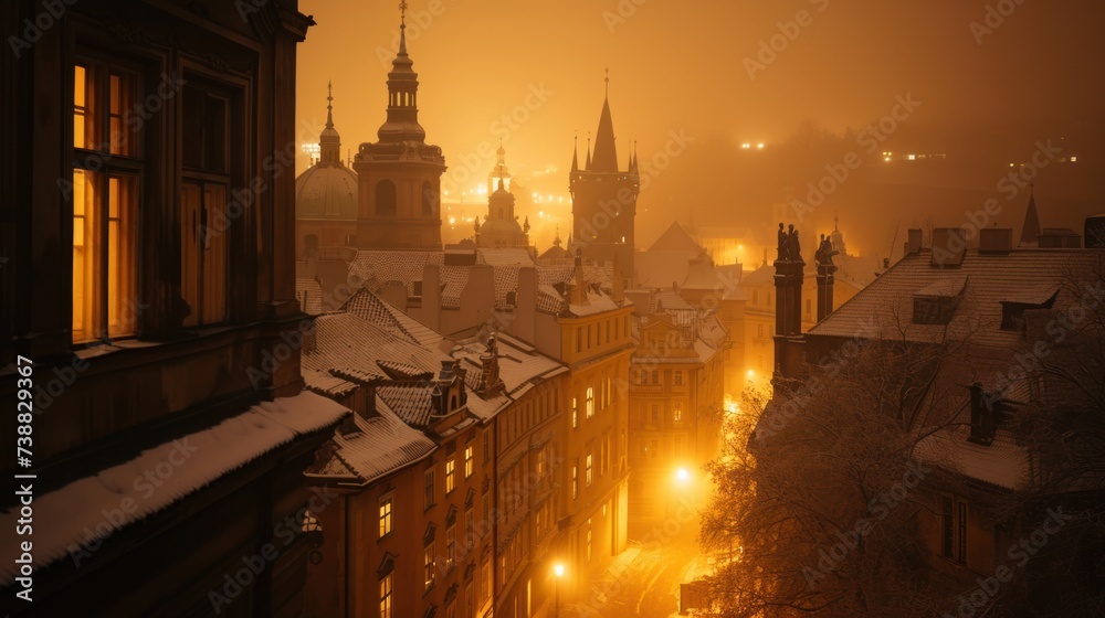 Beautiful historical buildings in winter with snow and fog in Prague city in Czech Republic in Europe. - obrazy, fototapety, plakaty 