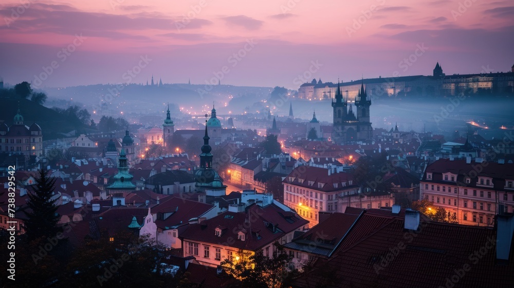 Beautiful historical buildings in winter with snow and fog in Prague city in Czech Republic in Europe.