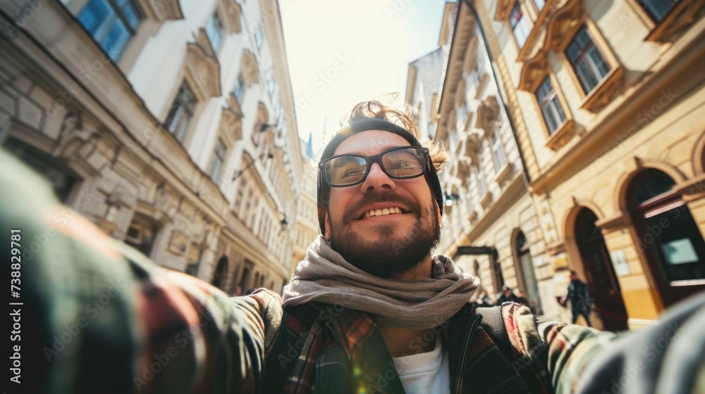 Young traveler taking selfie in street with historic buildings in the city of Prague, Czech Republic in Europe.