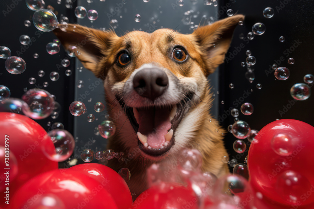 Cute, Happy Dog Portrait: Fun and Funny Corgi Puppy Playing with Bubbles in Summer Nature