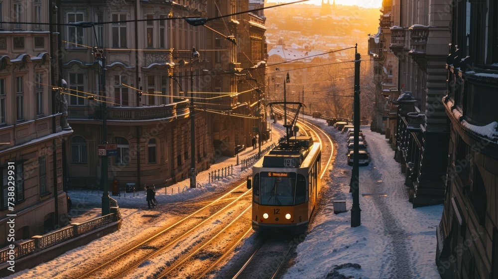 A tram in winter in the street of Prague. Czech Republic in Europe.