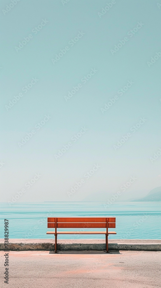 Fototapeta premium A red bench sits on the side of a road overlooking the ocean, providing a resting spot for passersby.