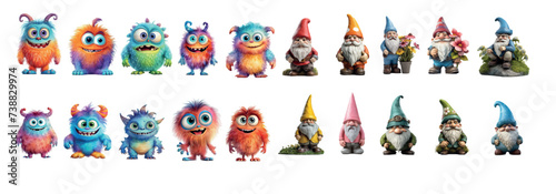 Colorful Collection of Cute Monsters and Garden Gnomes - Vector Illustration for Children’s Books, Games, and Fantasy