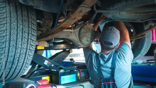 A diligent mechanic in a workshop, attentively working beneath a raised car, tools in hand, exemplifies the intricacies of vehicle upkeep photo