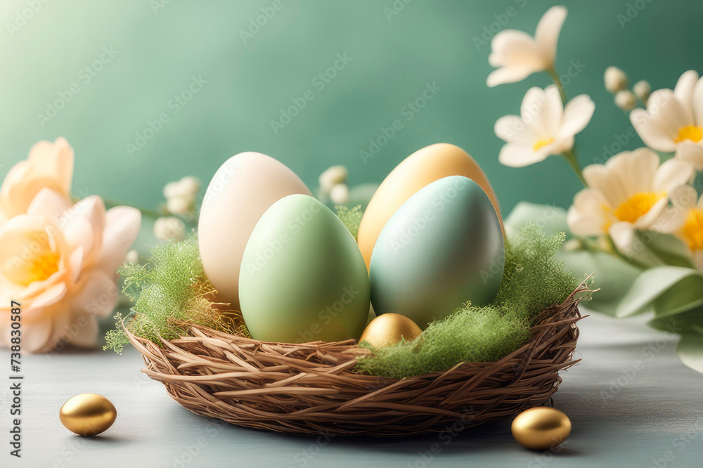 Happy Easter, holiday greeting card mockup, flowers and colored eggs. Happy Easter, holiday greeting card mockup, flowers and colored eggs.