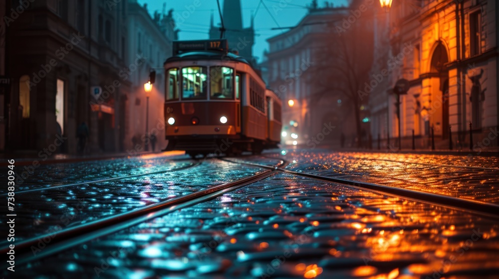 A tram at night in the street of Prague. Czech Republic in Europe. - obrazy, fototapety, plakaty 