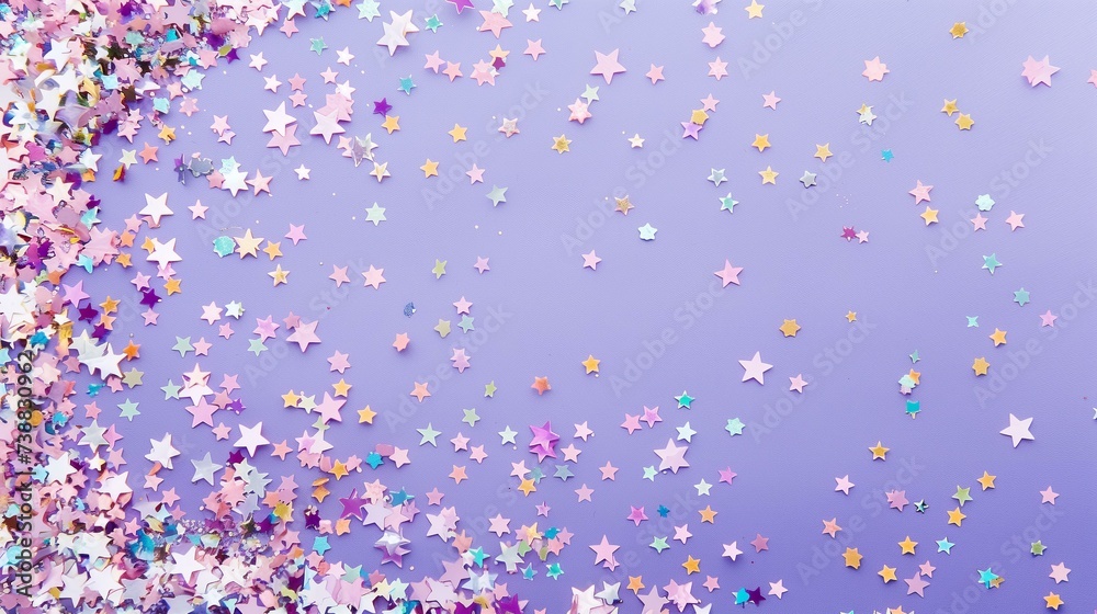 holographic and pastel confetti on a pastel purple background, festive backdrop for your project
