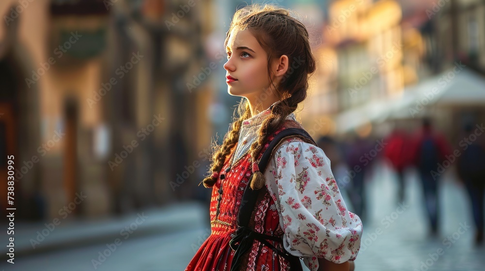 A beautiful girl in traditional Czech clothing in street with historic buildings in the city of Prague, Czech Republic in Europe. A beautiful girl in traditional Czech clothing in street with historic buildings in the city of Prague, Czech Republic in Europe.