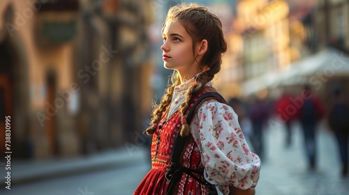 A beautiful girl in traditional Czech clothing in street with historic buildings in the city of Prague, Czech Republic in Europe. © Joyce