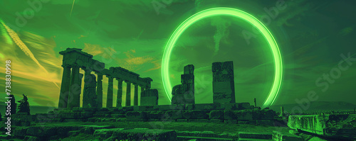 One neon green circle illuminating ancient Greece fusion of eras