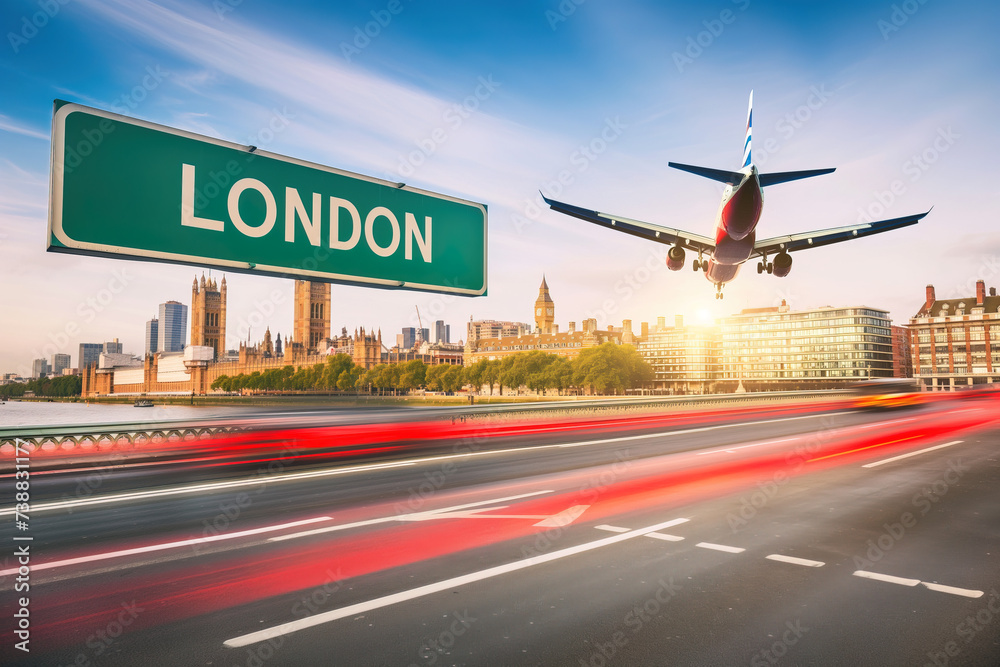 Airplane landing with LONDON sign, arriving to UK, England, United Kingdom