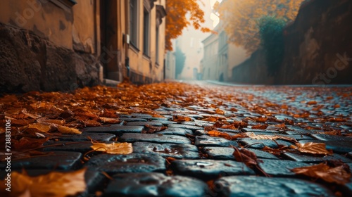 Low angle view of street in Autumn with historical buildings in Prague city in Czech Republic in Europe.